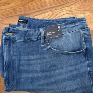 Express High Waisted Medium Wash FlexX Raw Hem Straight Ankle Jeans